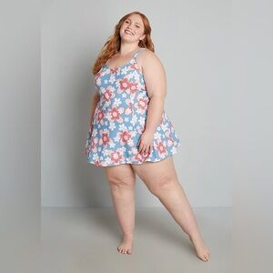 NWT Esther Williams Blue Pink Retro Floral one piece Swimsuit Dress size 12
